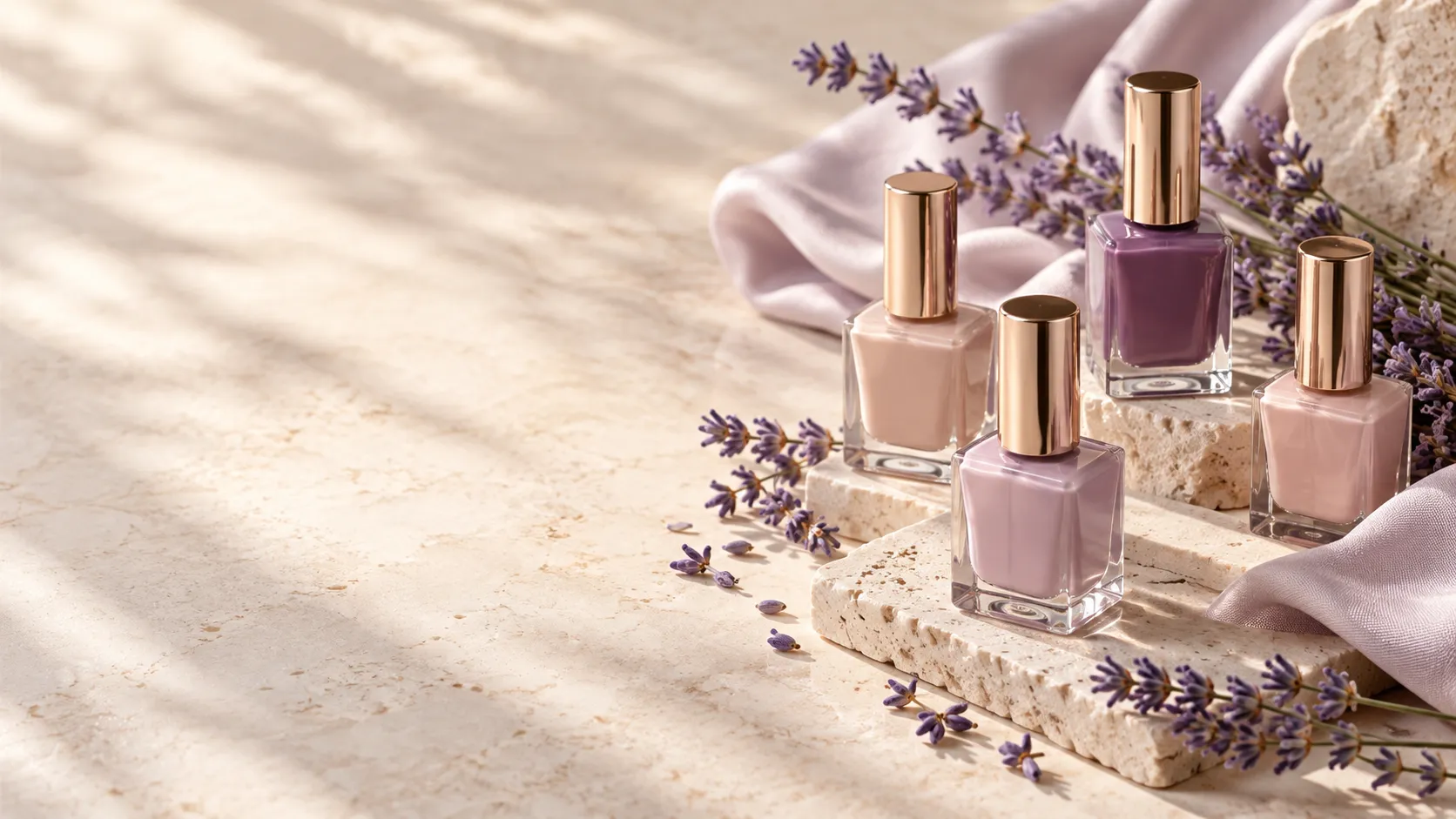 Decorative beauty still life with lavender-toned nail polish and ivory fabric