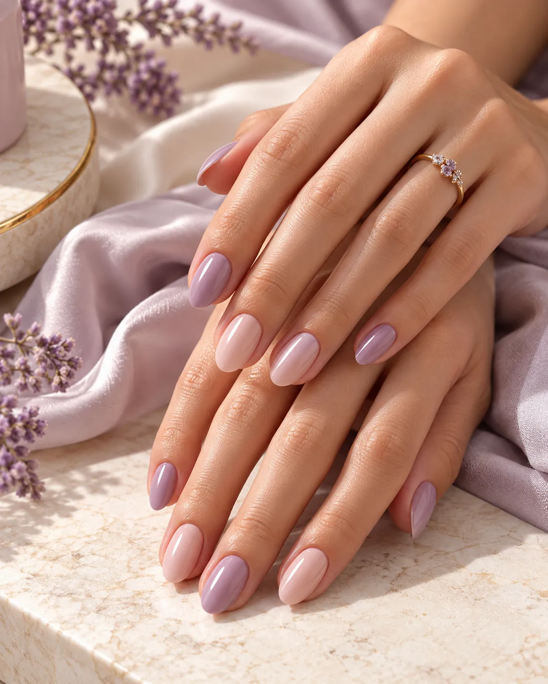 Editorial lavender and nude manicure styling with hands against an ivory setting