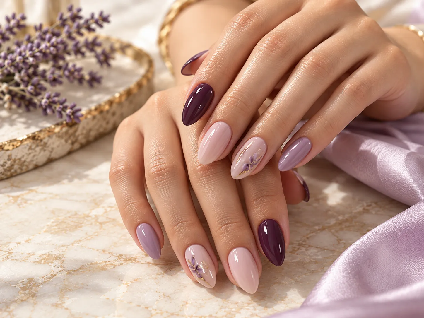 Editorial nail enhancements with deep plum, sheer nude and lavender manicure finishes