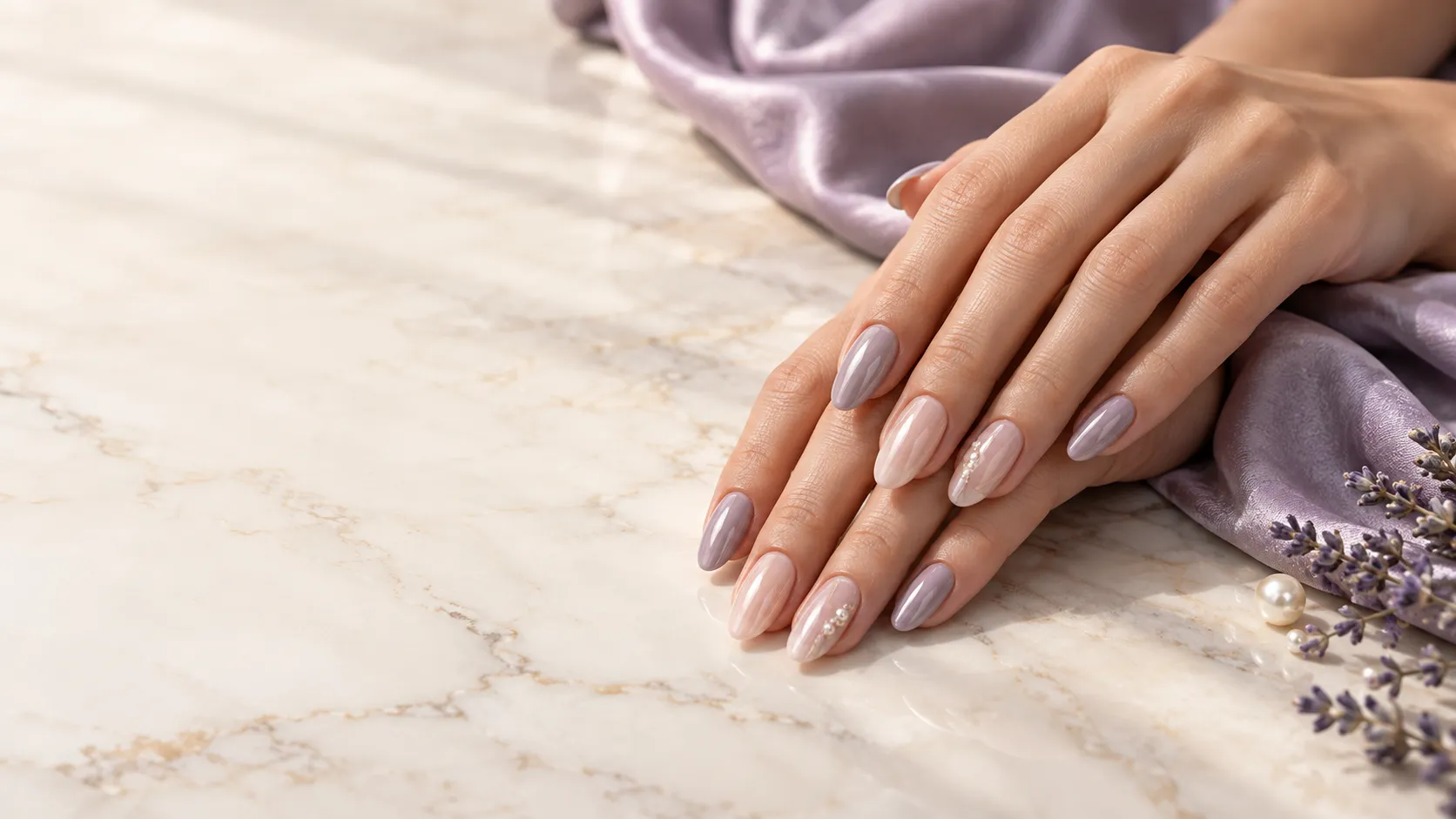 Editorial nail styling with lavender and nude manicure colors