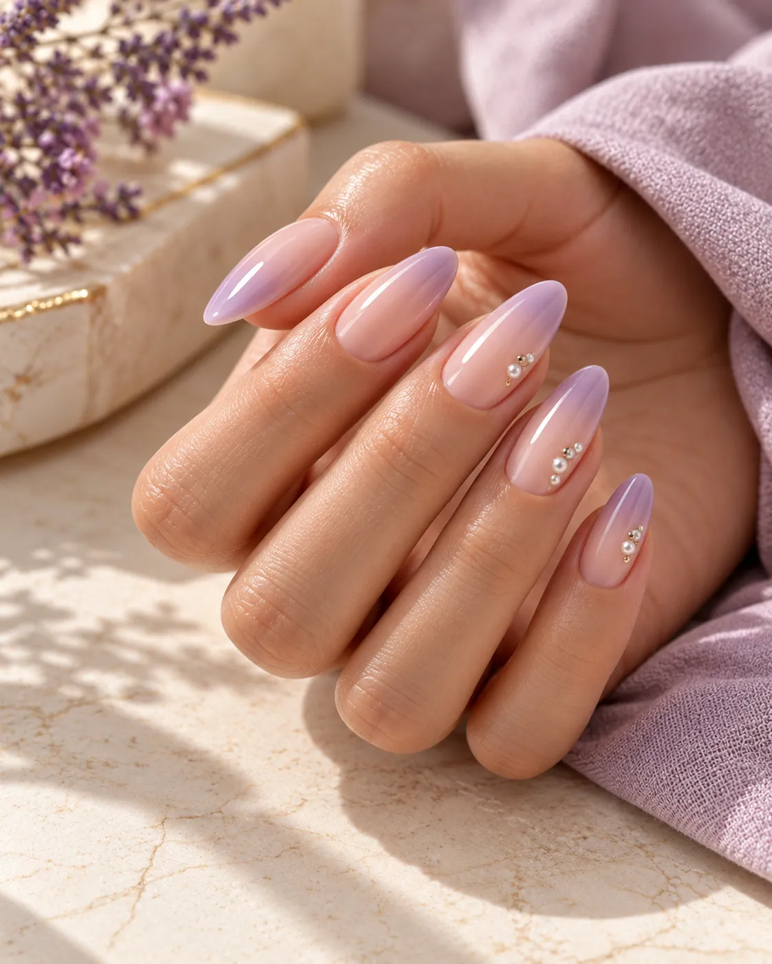 Editorial inspiration for a nude to lavender ombre nail enhancement style