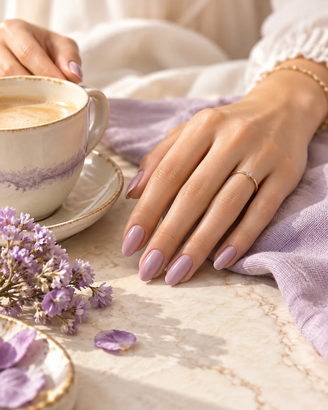 Editorial photograph of a manicured hand and a cup on an ivory table