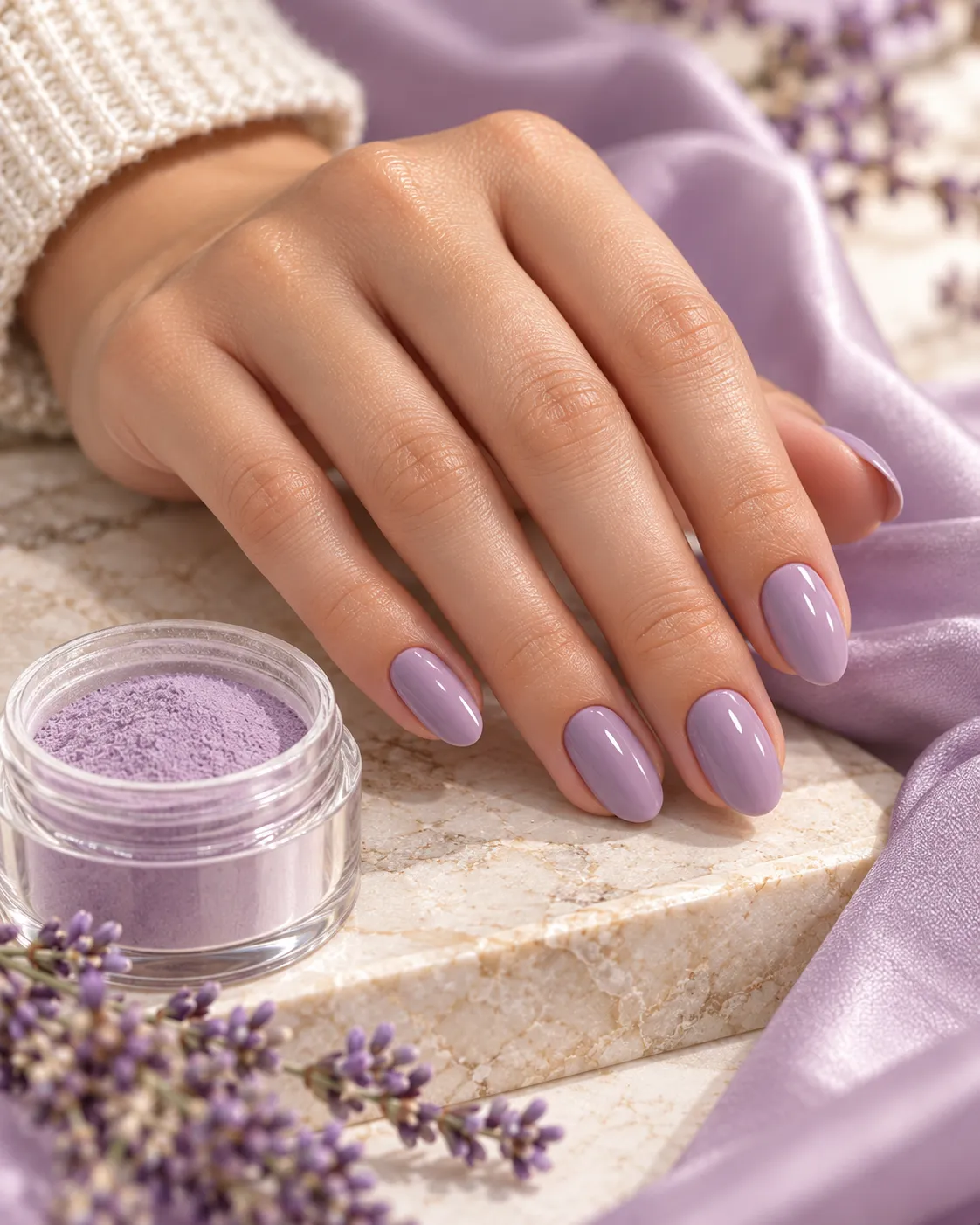 Editorial photograph of dusty lavender dip manicure styling