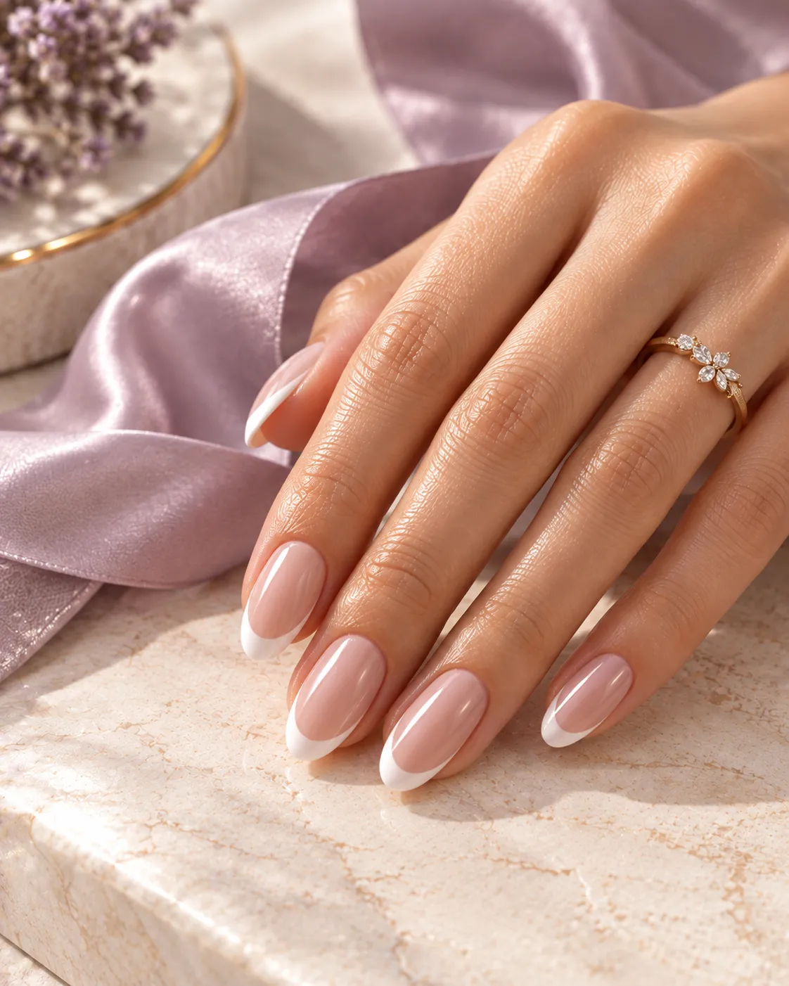 Editorial photograph of a delicate French manicure