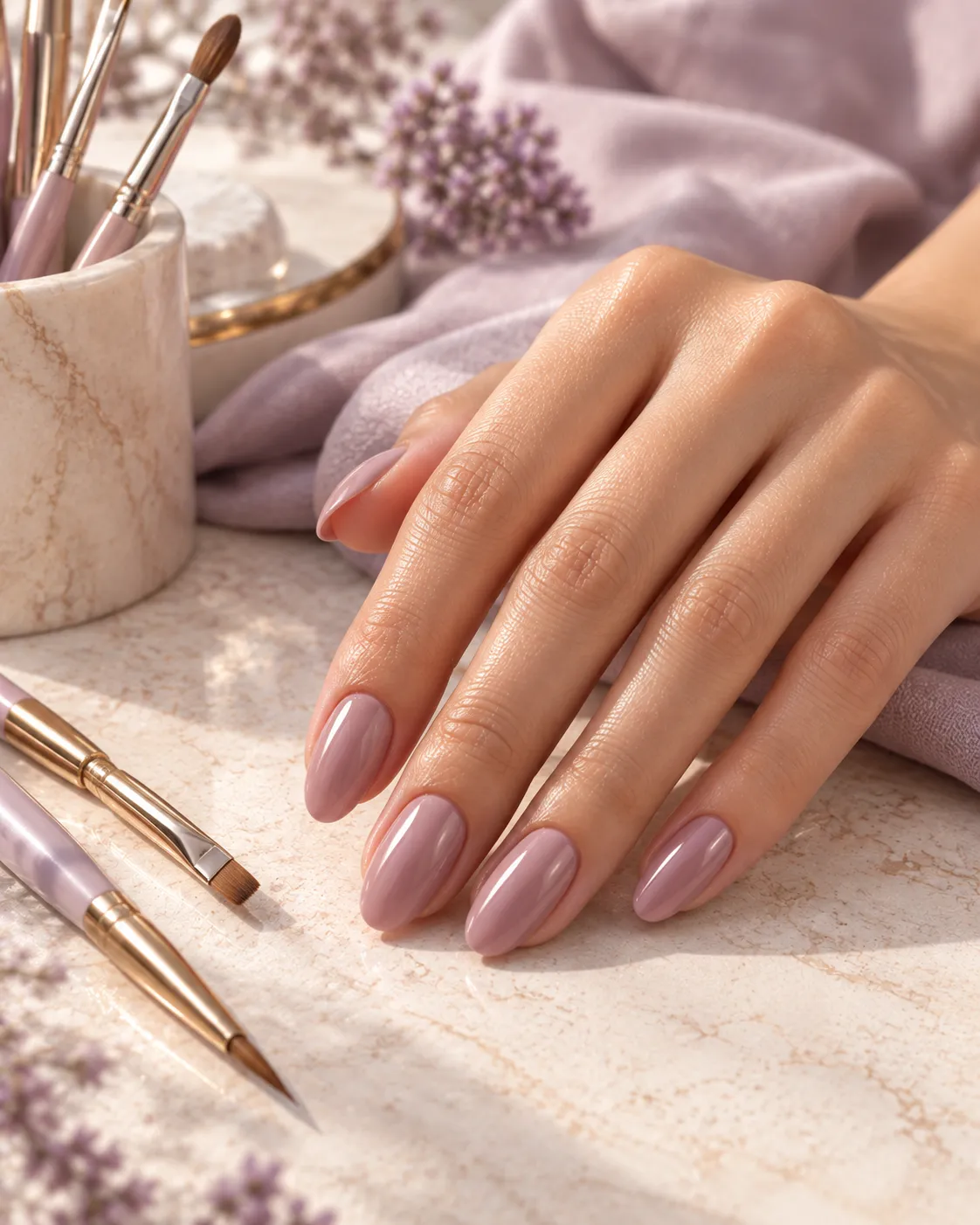 Editorial photograph of mauve manicure nails