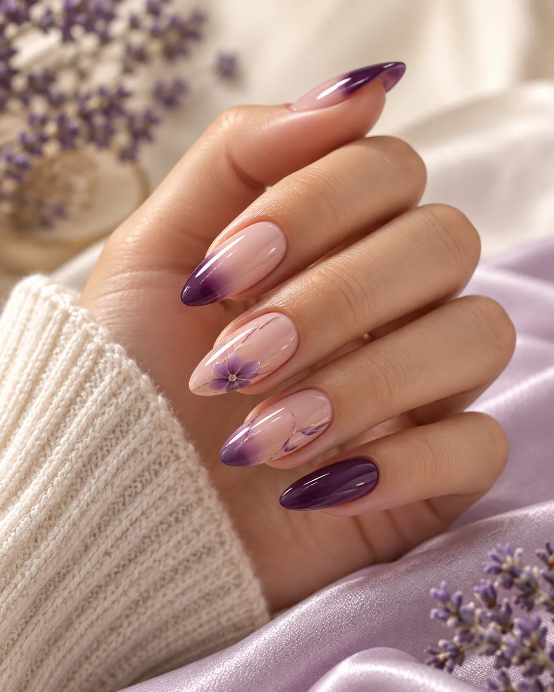 Editorial photograph of sculpted almond nail extensions