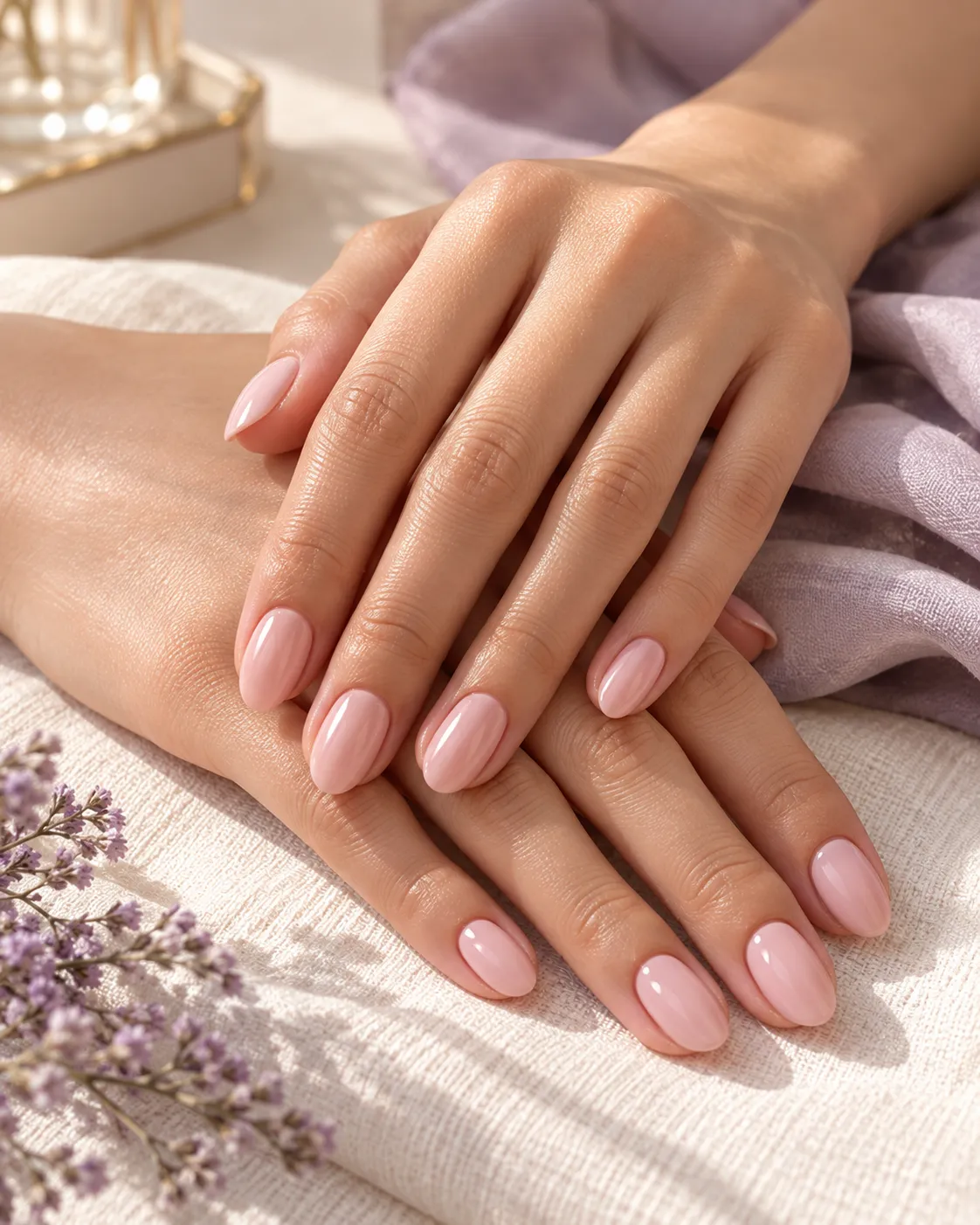 Editorial photograph of a soft-pink manicure